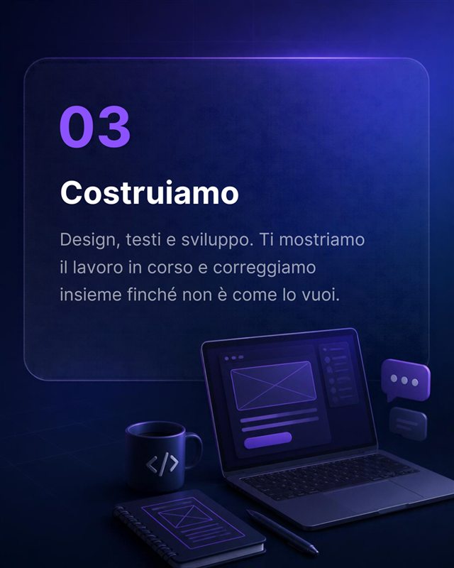 Passo 3, Costruiamo: illustrazione di un portatile con un sito in lavorazione