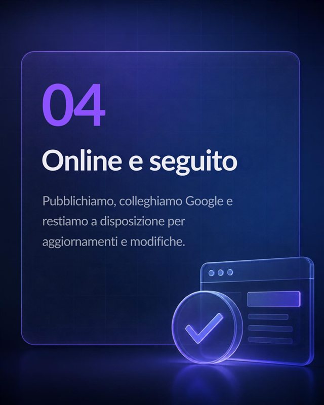 Passo 4, Online e seguito: illustrazione di un sito pubblicato con la spunta di conferma